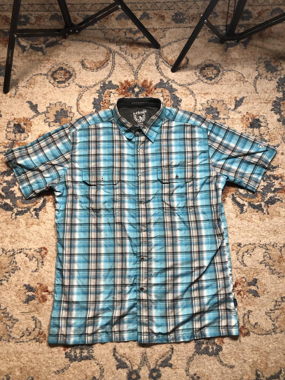KUHL Shirt Mens Large Blue Plaid Short Sleeve Button Up Outdoor Hiking Trail